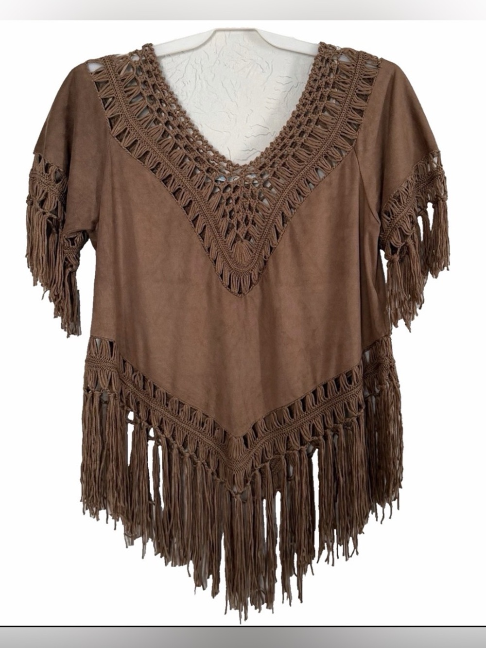 Cicico Desert Boho Fringe Hippie Festival Crochet Top Large Brown Western Poncho